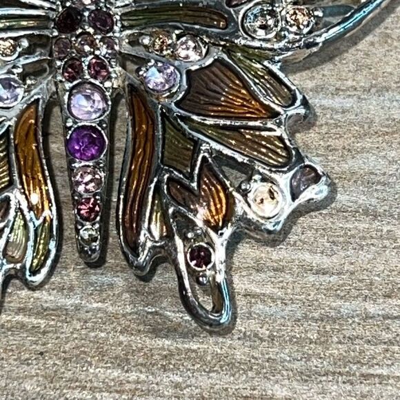 Vintage Monet Metalwork With Purple Lavender Pink Rhinestones Enameled Wings - Picture 4 of 9